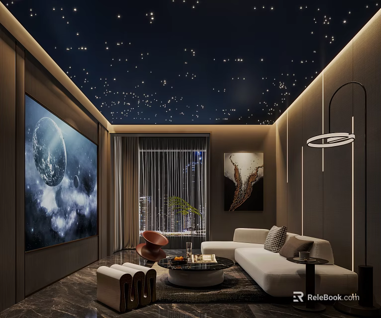 Modern Home Theater Room Interior Design With Starry Ceiling Large Screen And Sofa 3d model