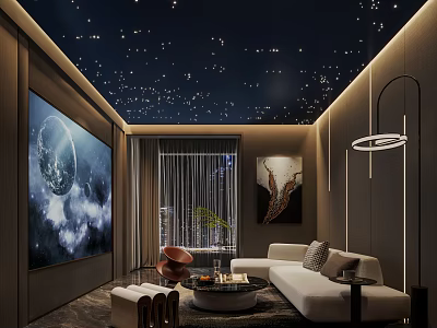 Modern Home Theater Room Interior Design With Starry Ceiling Large Screen And Sofa 3d model