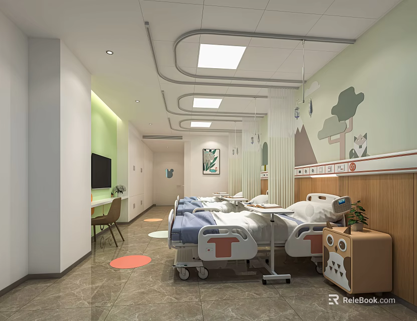 Cheerful Pediatric Hospital Room With Cartoon Decor Medical Beds And Toy Cabinet 3d model 