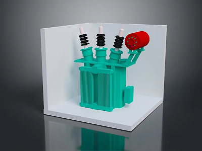Green Electrical Transformer With Black Coils White Insulators And Red Component In White Display Box 3d model