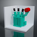 Green Electrical Transformer With Black Coils White Insulators And Red Component In White Display Box
