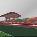 Outdoor Sports Stadium Featuring Red Running Track Green Stands Pink Roof And Athletes