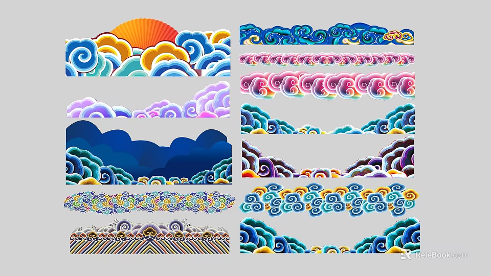 Colorful Traditional Wall Decor With Cloud Wave Patterns And Vibrant Borders 3d model 
