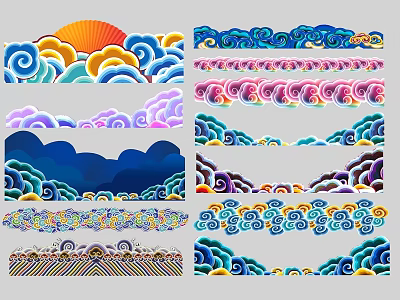 Colorful Traditional Wall Decor With Cloud Wave Patterns And Vibrant Borders 3d model