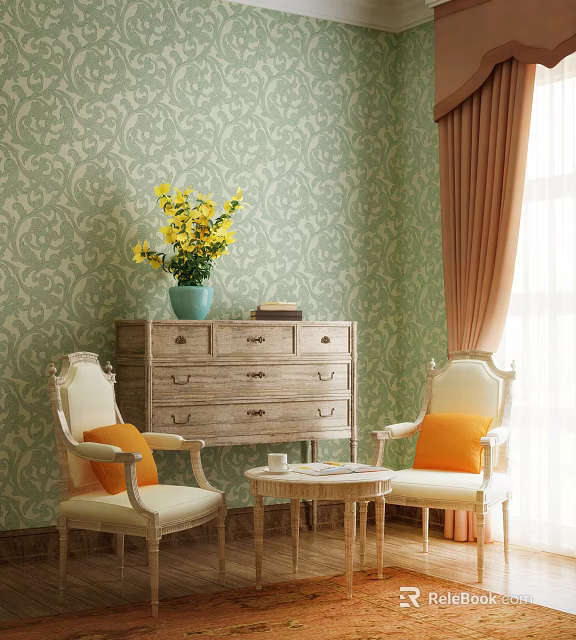 Vintage Coffee Table With Yellow Flowers Blue Vase And Orange Chairs Against Green Floral Wallpaper 3d model 