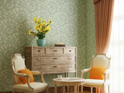 Vintage Coffee Table With Yellow Flowers Blue Vase And Orange Chairs Against Green Floral Wallpaper 3d model