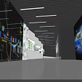Modern High Tech Exhibition Hall With Screens Reception Desk And Lighting Design