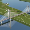 Modern Cable Stayed Bridge Spanning Water With Green Grass Park Paths And Reflection 3d model