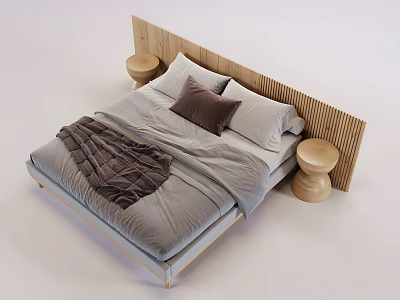 Modern Double Bed Interior Design With Wooden Slat Headboard Gray Bedding And Nightstands 3d model