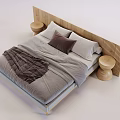 Modern Double Bed Interior Design With Wooden Slat Headboard Gray Bedding And Nightstands
