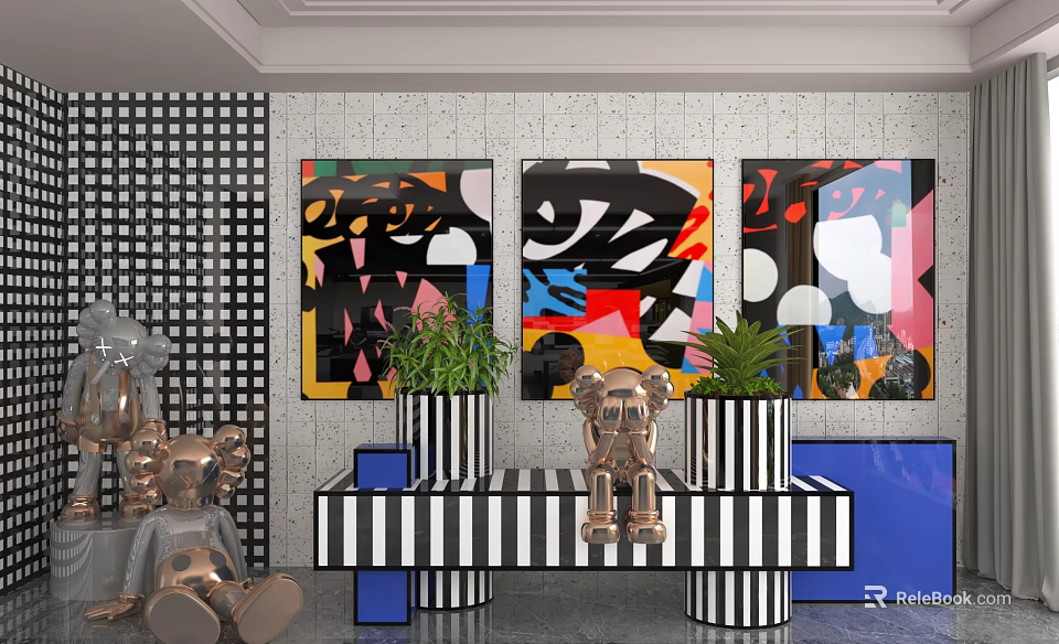 Casual Lounge Area With Abstract Art Paintings Striped Bench Brass Sculptures And Green Plants 3d model 
