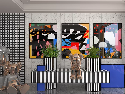 Casual Lounge Area With Abstract Art Paintings Striped Bench Brass Sculptures And Green Plants 3d model
