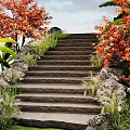 Scenic Stone Steps Lined With Red Leaf Trees And Lush Green Plants 3d model
