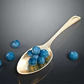 Fresh Blueberries in Golden Spoon with Scattered Berries on Dark Surface