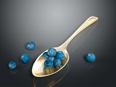 Fresh Blueberries in Golden Spoon with Scattered Berries on Dark Surface 3d model
