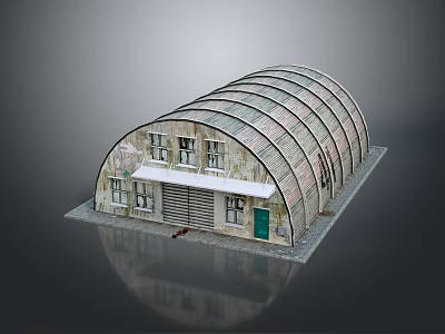 Arched Roof Industrial Building With Concrete Walls Windows Roll Up Door And Green Door 3d model