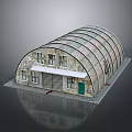 Arched Roof Industrial Building With Concrete Walls Windows Roll Up Door And Green Door