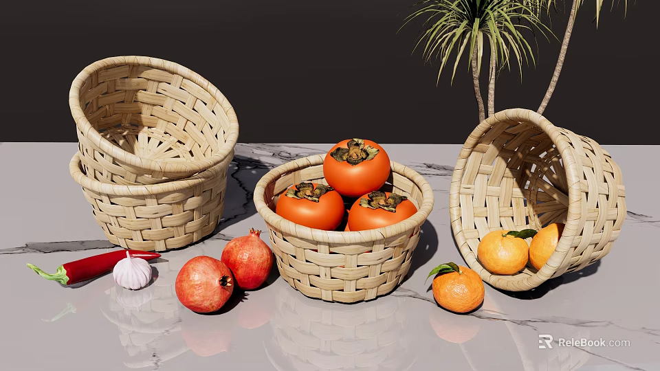 Fresh Assorted Fruits in Wicker Baskets on Gray Countertop Including Persimmons Pomegranates and Tangerines 3d model 