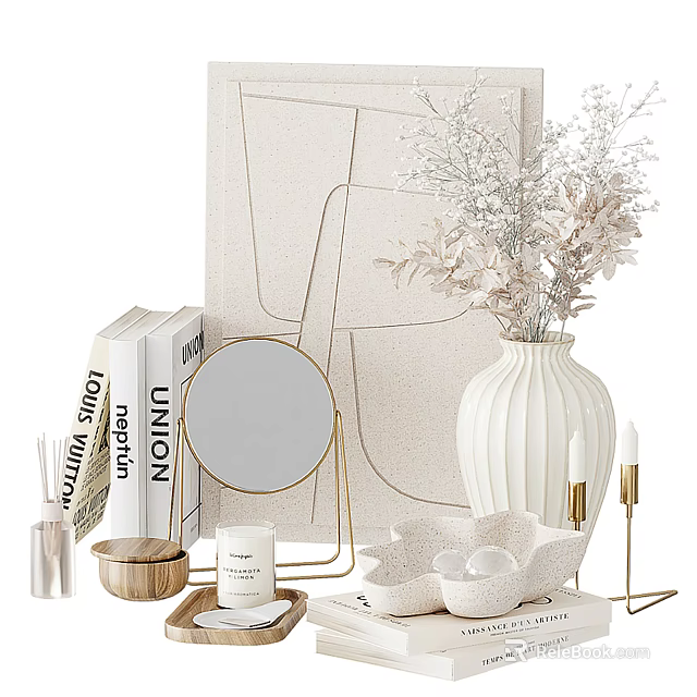 Elegant Decorative Ornament Collection With Abstract Art Gold Mirror White Vase Books And Candles 3d model 