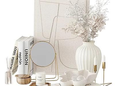 Elegant Decorative Ornament Collection With Abstract Art Gold Mirror White Vase Books And Candles 3d model