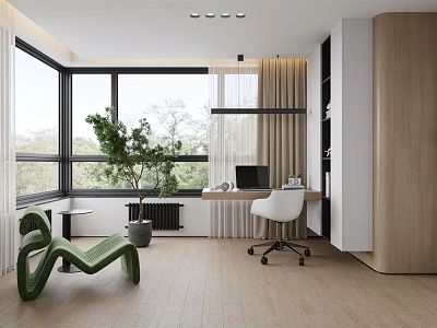 Modern Study Room Interior Design With Large Windows Green Plant Wooden Desk And White Chair 3d model