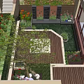 Lush Garden Courtyard Design with Wooden Deck Tile Floor Plant Beds Decorative Wall and Lantern