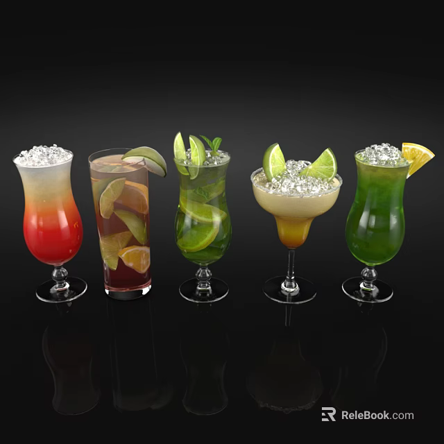 Colorful Refreshing Cocktails in Glasses with Citrus Slices Mint Leaves and Ice Cubes 3d model 