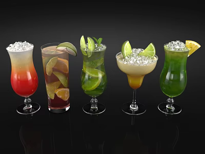 Colorful Refreshing Cocktails in Glasses with Citrus Slices Mint Leaves and Ice Cubes 3d model