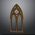 Gothic Arched Architectural Window With Carved Wooden Frame And Lattice Glass