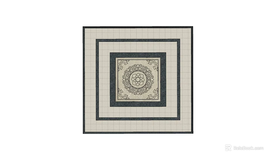 Square Floor Tile With Central Decorative Pattern And Multiple Borders In Beige And Dark Tones 3d model