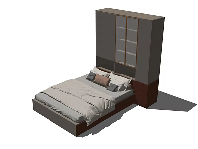 Modern Bedroom Interior With Platform Bed Glass Door Cabinet Pillows And Neutral Bedspread 3d model
