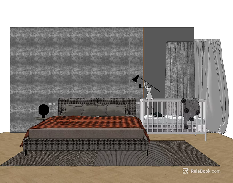 Gray Textured Wall Bedroom with Double Bed Baby Crib Floor Lamp Curtains and Wooden Floor 3d model 