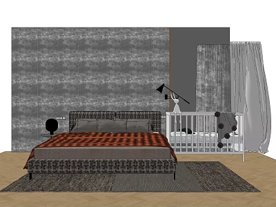 Gray Textured Wall Bedroom with Double Bed Baby Crib Floor Lamp Curtains and Wooden Floor 3d model