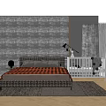 Gray Textured Wall Bedroom with Double Bed Baby Crib Floor Lamp Curtains and Wooden Floor