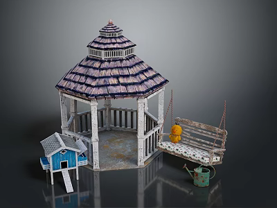 Detailed Miniature Garden Scene With Gazebo Small House Swing And Watering Can 3d model