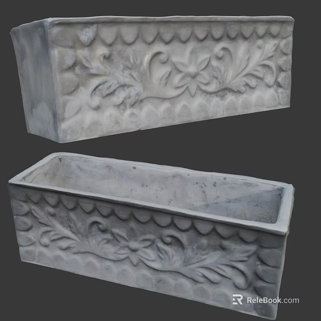 Decorative Rectangular Bonsai Pot With Intricate Carved Floral And Leaf Patterns 3d model 