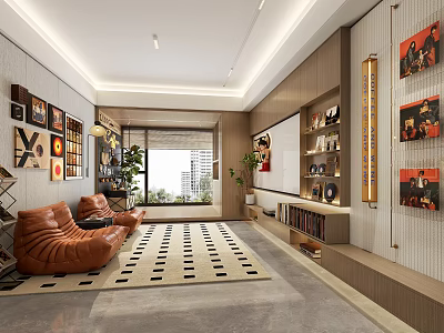 Warm Modern Open Living And Dining Space With Retro Vinyl Decor And Wood Interior Design 3d model
