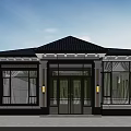 Detached Villa Exterior With Dark Roof Large Windows Glass Door And Columns