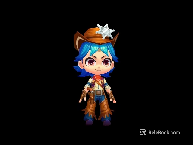 Cartoon Game Movie Character With Blue Hair And Star Cowboy Hat Brown Outfit 3d model 