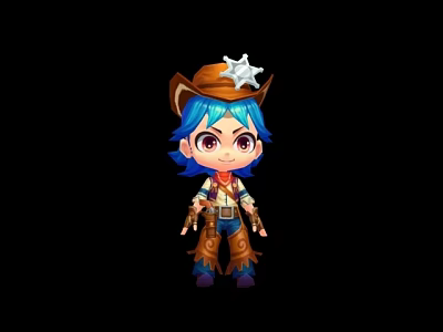 Cartoon Game Movie Character With Blue Hair And Star Cowboy Hat Brown Outfit 3d model