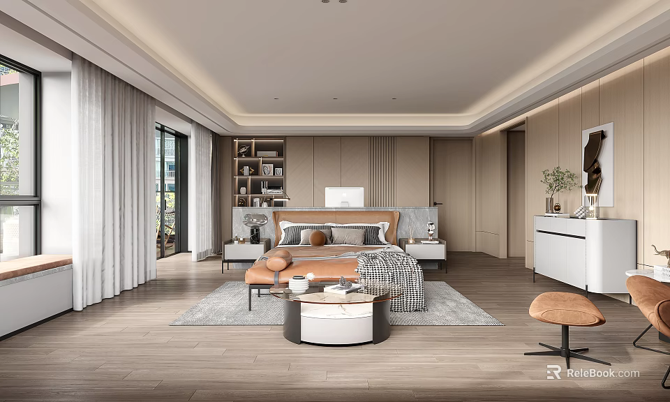 Modern Bedroom Interior Design With Wooden Flooring Large Window Soft Curtains And Bedside Tables 3d model 