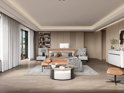 Modern Bedroom Interior Design With Wooden Flooring Large Window Soft Curtains And Bedside Tables 3d model