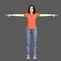 Woman In Orange Polo Shirt Blue Jeans Standing With Arms Outstretched On Gray Background