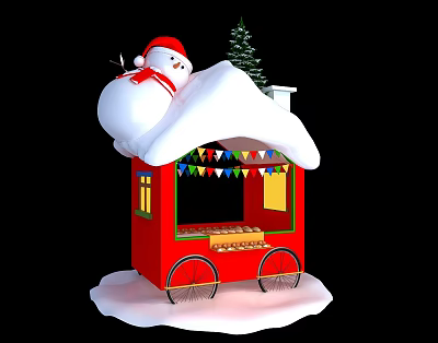 Red Functional Cart With Snow Covered Roof Snowman Christmas Tree And Colorful Bunting 3d model