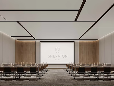Modern Conference Room Interior At Sheraton With Wooden Walls Projection Screen And Arranged Tables Chairs 3d model