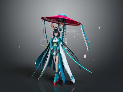 Mythical Woman In Blue And White Outfit Holding Red Umbrella With Flowing Decorations 3d model