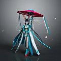 Mythical Woman In Blue And White Outfit Holding Red Umbrella With Flowing Decorations