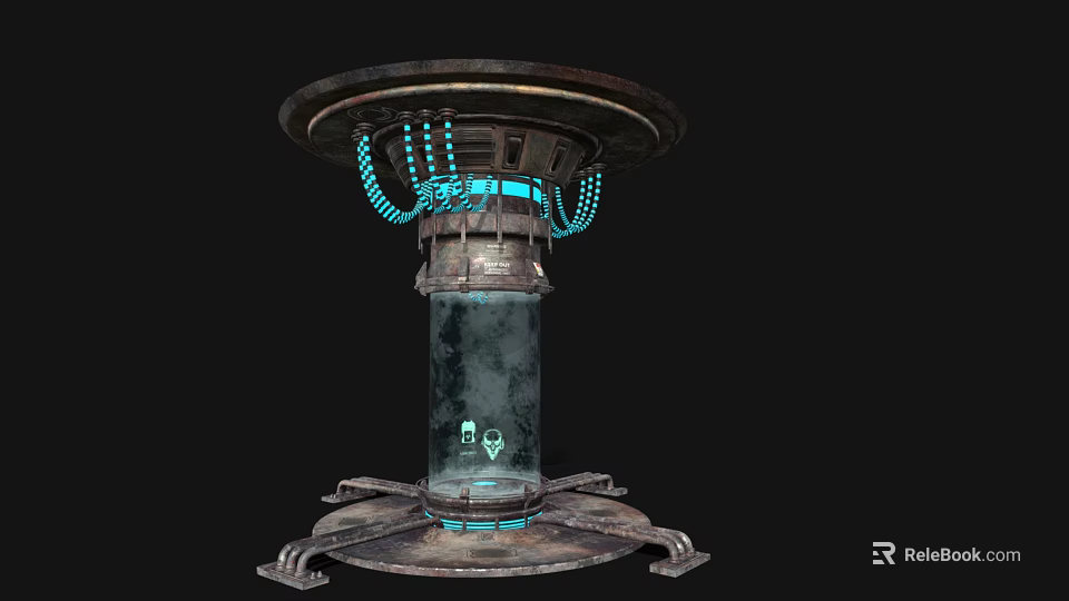Industrial Equipment With Circular Top Blue Lights Transparent Middle Section Metal Base And Supporting Brackets 3d model 