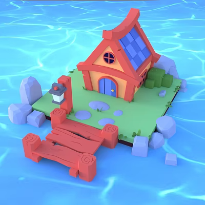 Cartoon Scene with Red Roof House Blue Door Wooden Bridge Stones Green Grass and Lantern 3d model