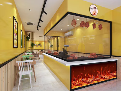 Bright Yellow Wall Restaurant Interior With Transparent Display Case Roasted Meat Flame Decoration White Chairs 3d model